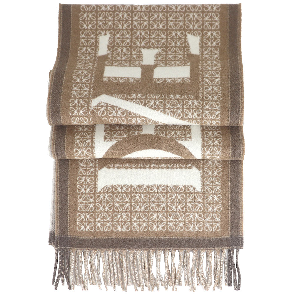 LOEWE 卡其/米滿版品牌標喀什米爾羊毛混紡圍巾