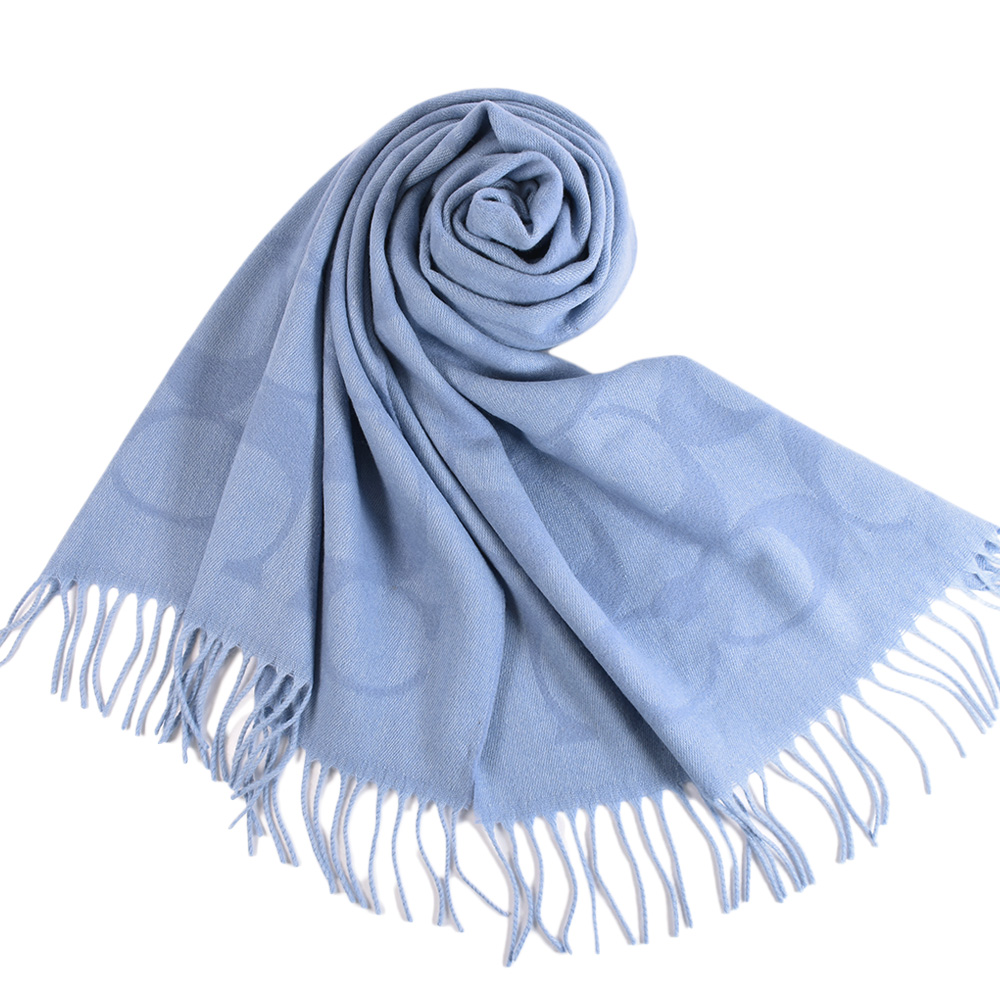 COACH 大C LOGO羊毛流蘇圍巾-迷霧藍