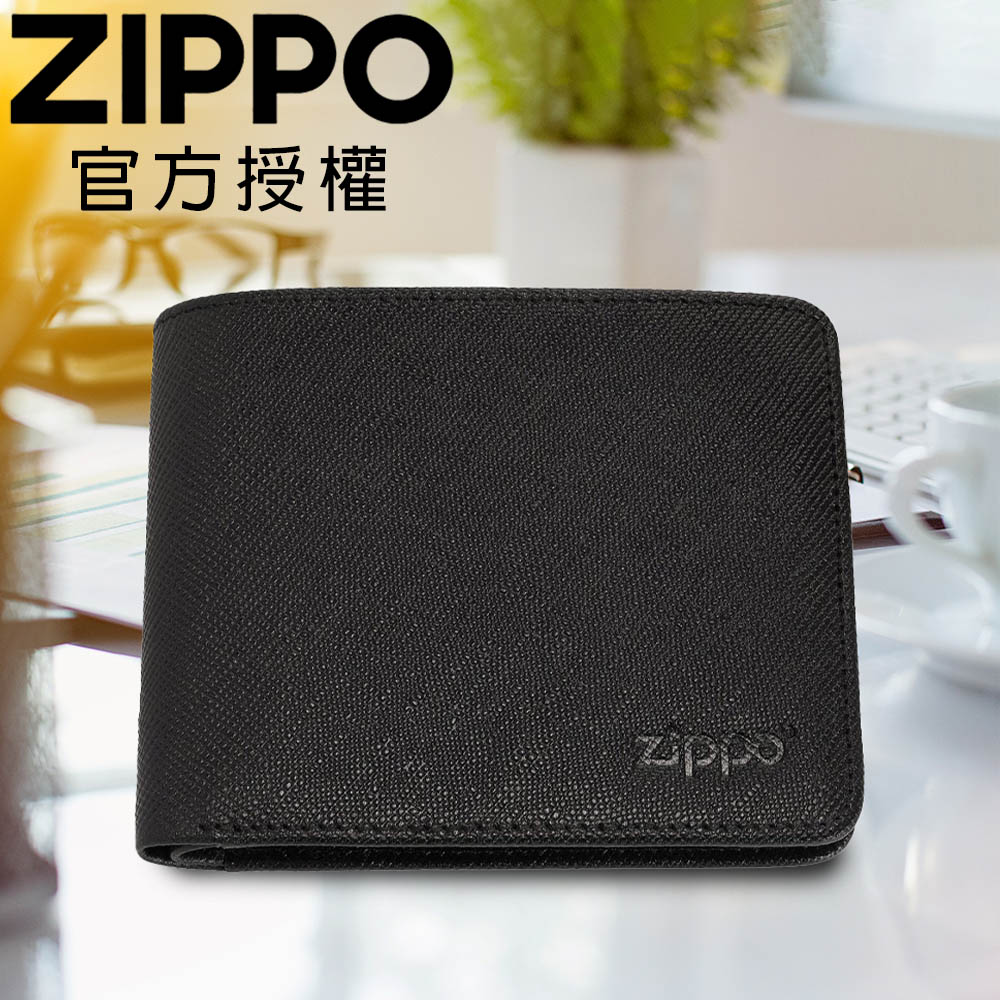 ZIPPO 黑色十字壓紋雙折皮夾(拉鍊款)