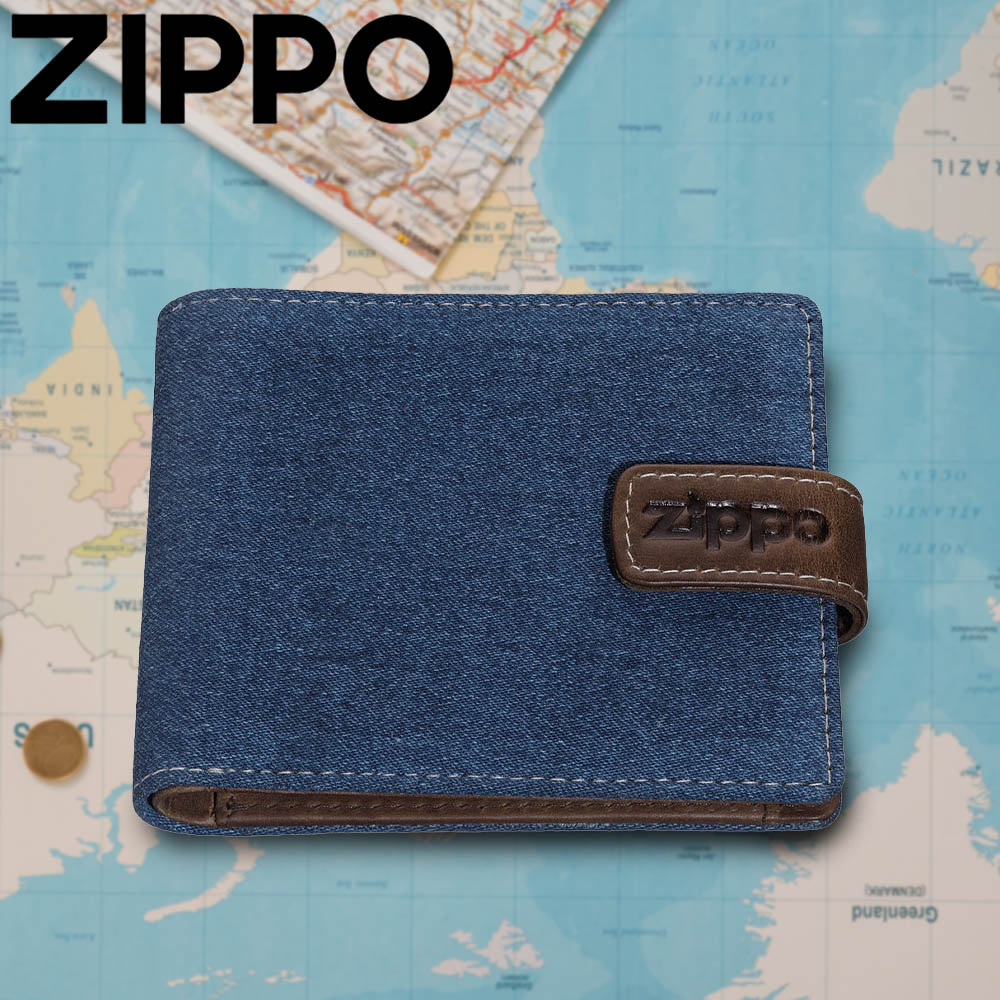 ZIPPO 丹寧藍棕色雙折鈕扣皮夾