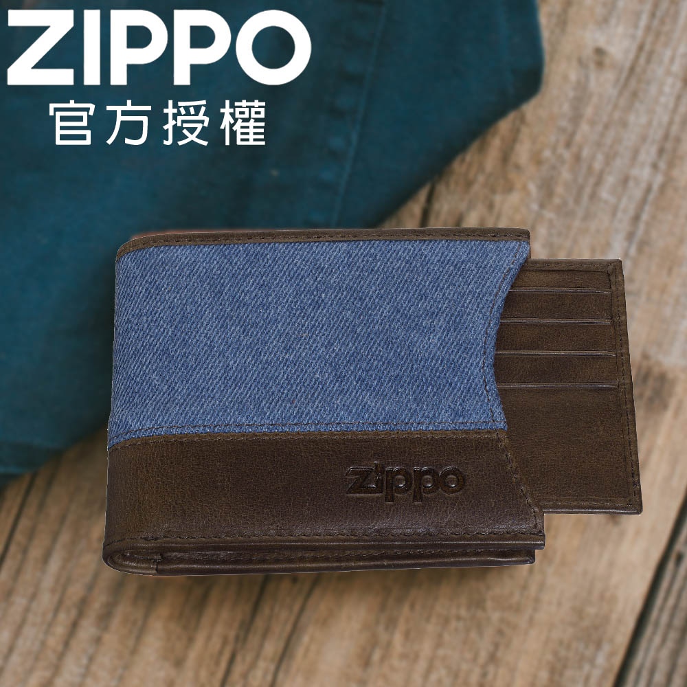 ZIPPO 丹寧藍棕色雙折皮夾(可抽夾層)