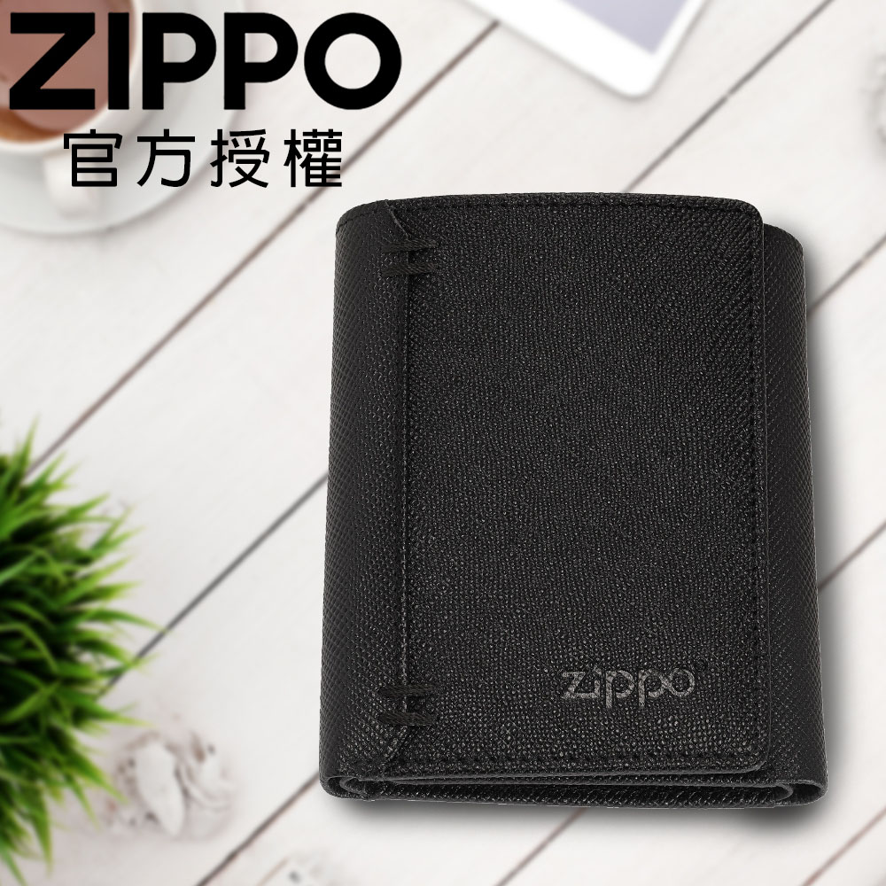 ZIPPO 黑色十字壓紋三折皮夾(鈕扣款)