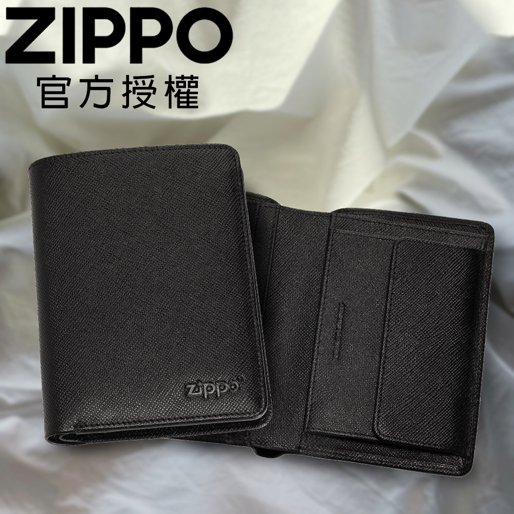 ZIPPO 黑色十字壓紋雙折皮夾(直立款)