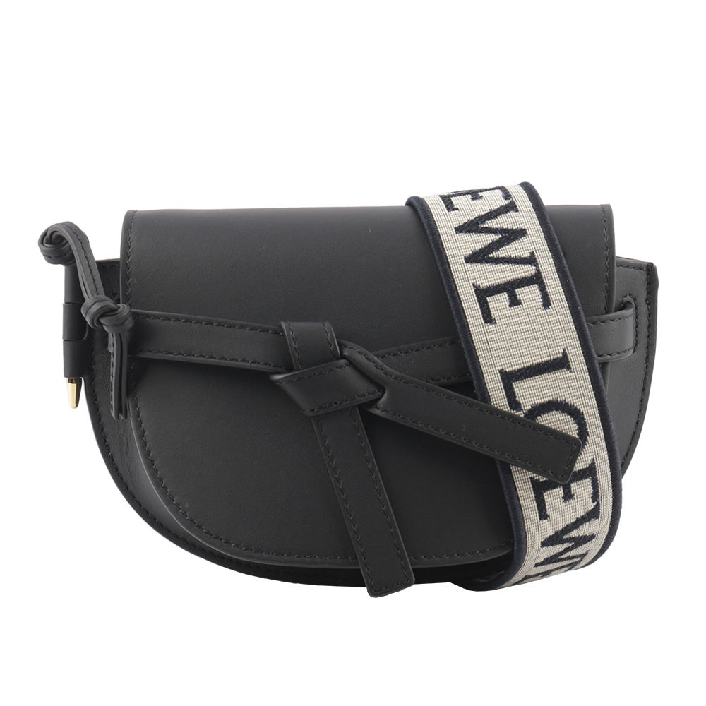 LOEWE Gate Mini 新款柔軟小牛皮緹花背帶馬鞍斜背/腰包(黑色) A650N46X13 1100