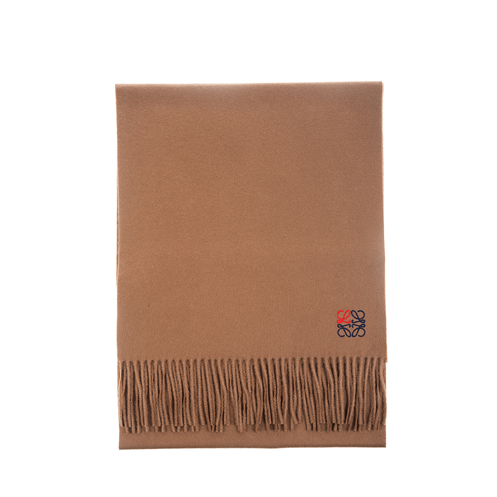 LOEWE 新款刺繡 Anagram雙色圖騰羊毛流蘇圍巾 (駝色)