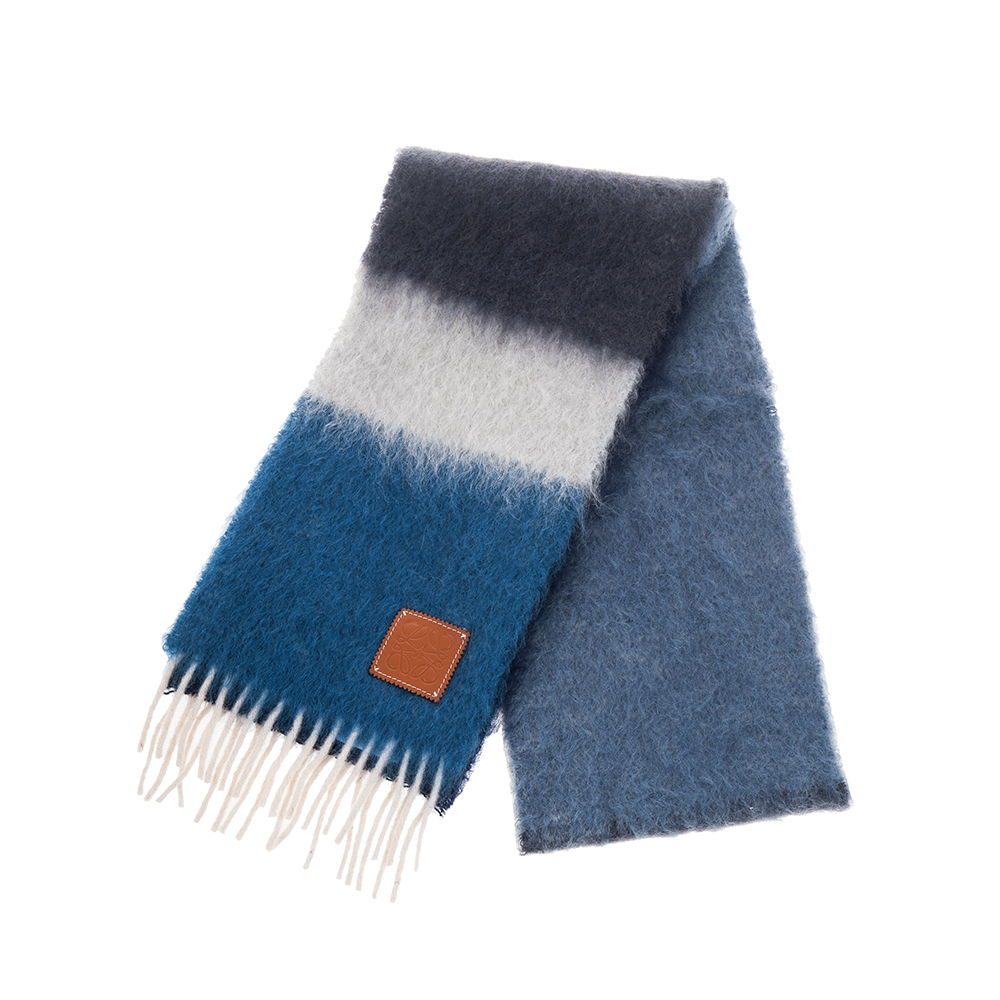 LOEWE 新款雙色LOEWE羊毛與馬海毛混紡流蘇圍巾 (海軍藍/多色)