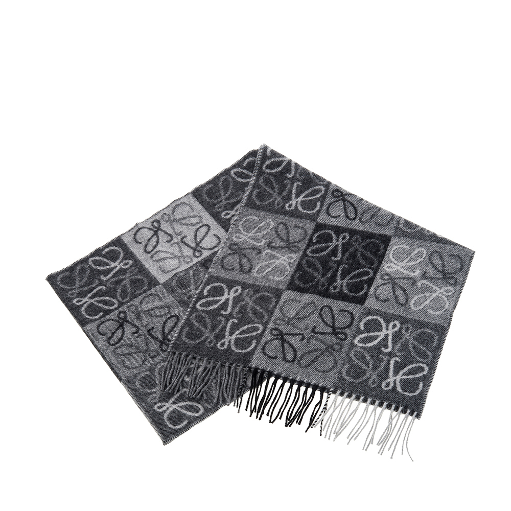 LOEWE 新款Anagram 圖案棋盤格紋雙色設計羊毛流蘇圍巾 (黑色/白色)