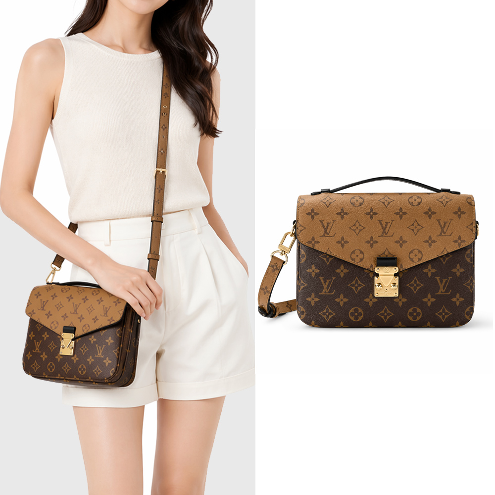 Louis Vuitton Pochette Mtis 帆布印花S型扣鎖手提斜背包(焦糖x卡其棕)