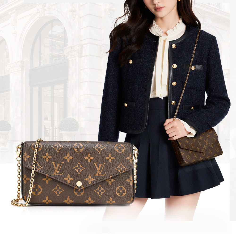 Louis Vuitton Pochette Flicie 鍊帶手提多功能肩背晚宴包(桃x卡其棕)