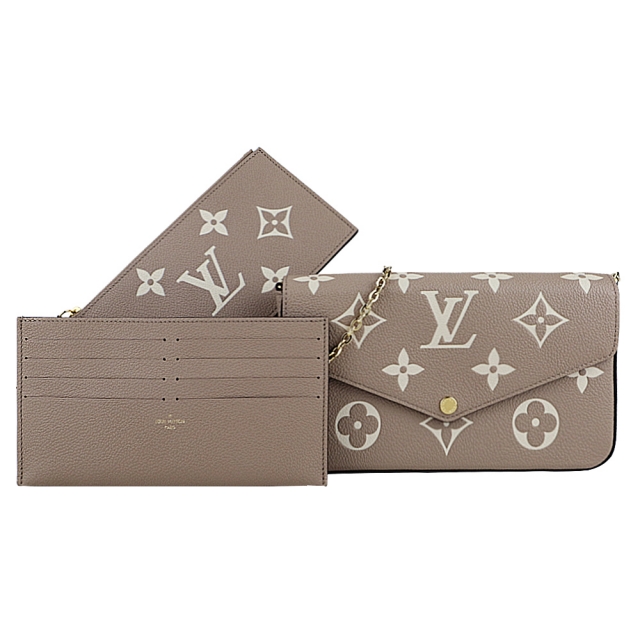 Louis Vuitton Pochette Felicie系列 經典LOGO牛皮壓紋鍊帶斜背包(附卡夾/卡其)