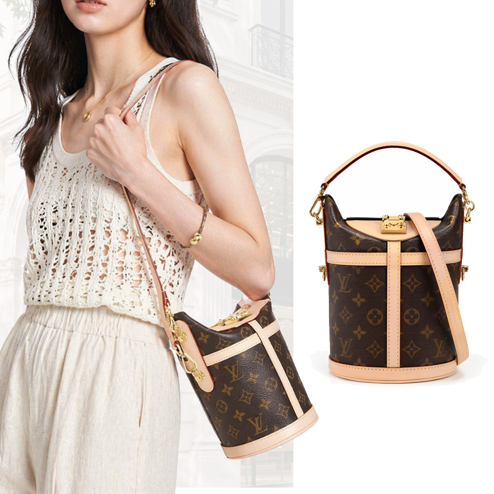 Louis Vuitton 路易威登 Louis Vuitton Duffle 帆布印花S鎖扣牛皮鑲飾手提肩背水桶包(卡其棕)