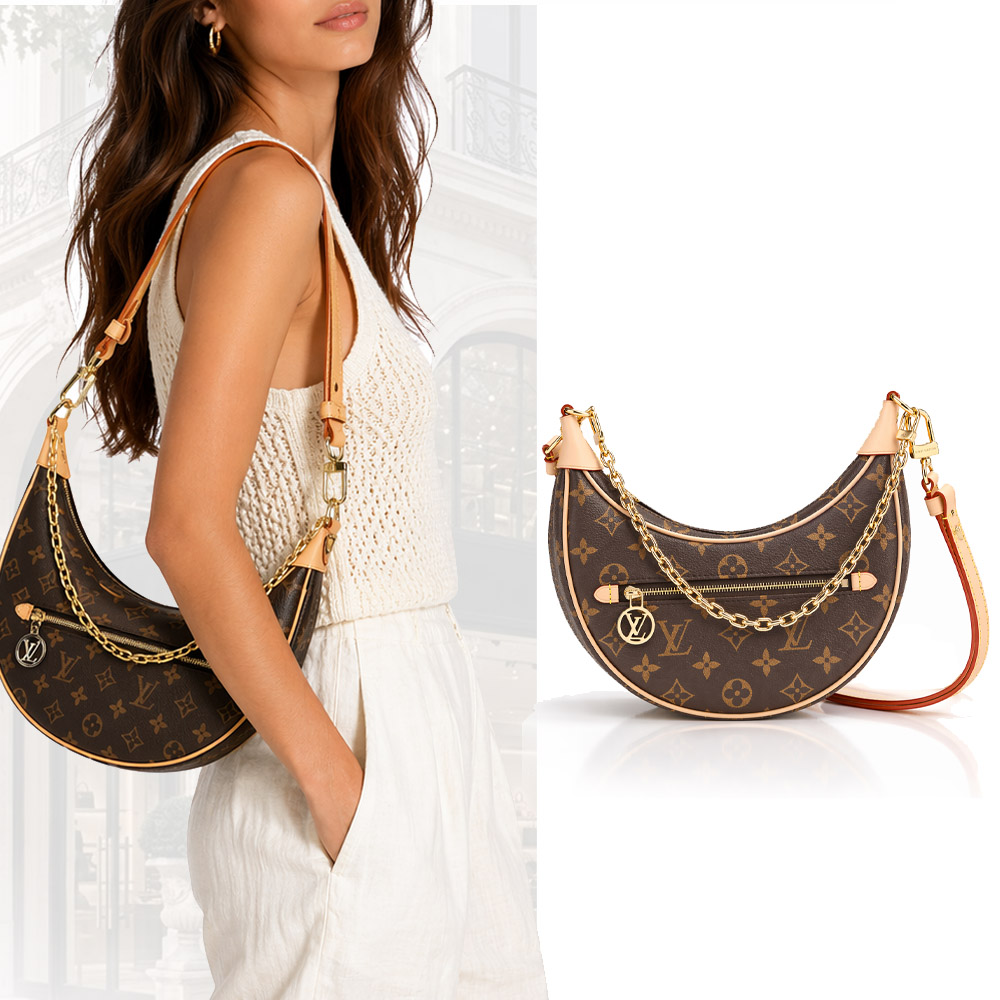 Louis Vuitton 新款LOOP鏈帶帆布半月/肩背包(卡其)