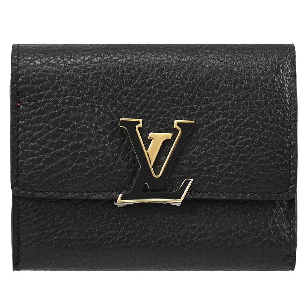 Louis Vuitton LV M68587 Capucines XS 金屬LOGO牛皮三折零錢小短夾.黑/桃