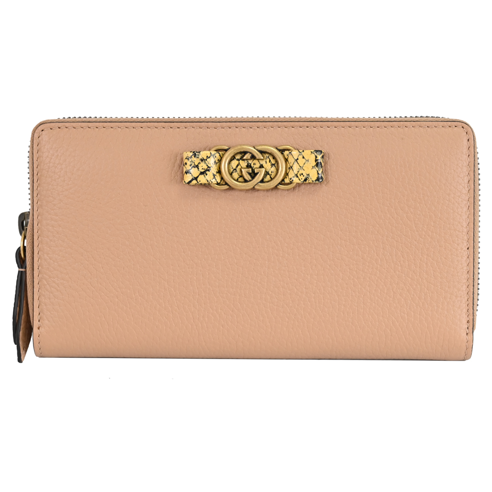 GUCCI 750458 蛇紋裝飾GG LOGO皮革拉鍊長夾.裸粉色