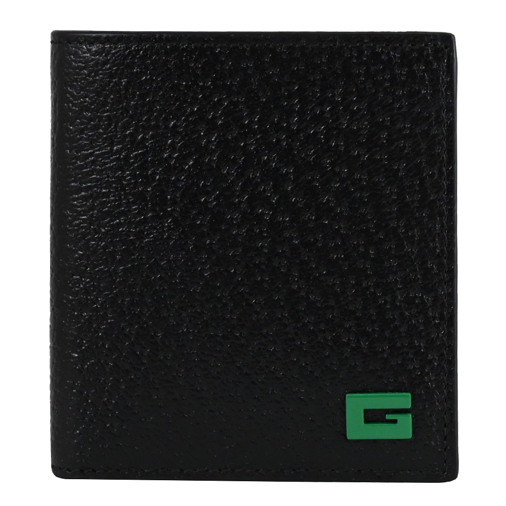 GUCCI 739365 新版G LOGO撞色對開6卡短夾.黑/綠
