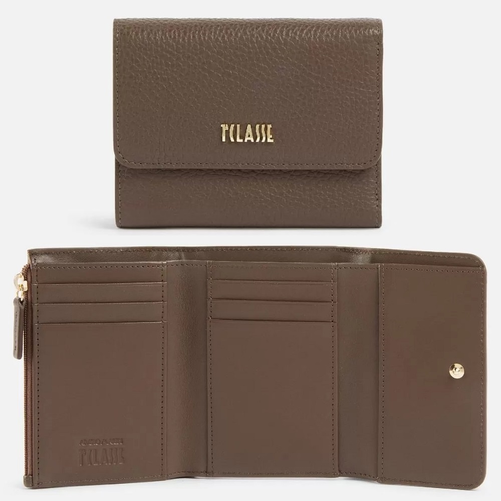 Alviero Martini 【 義大利地圖包】精緻簡約 6卡小牛皮釦式短夾-咖啡色