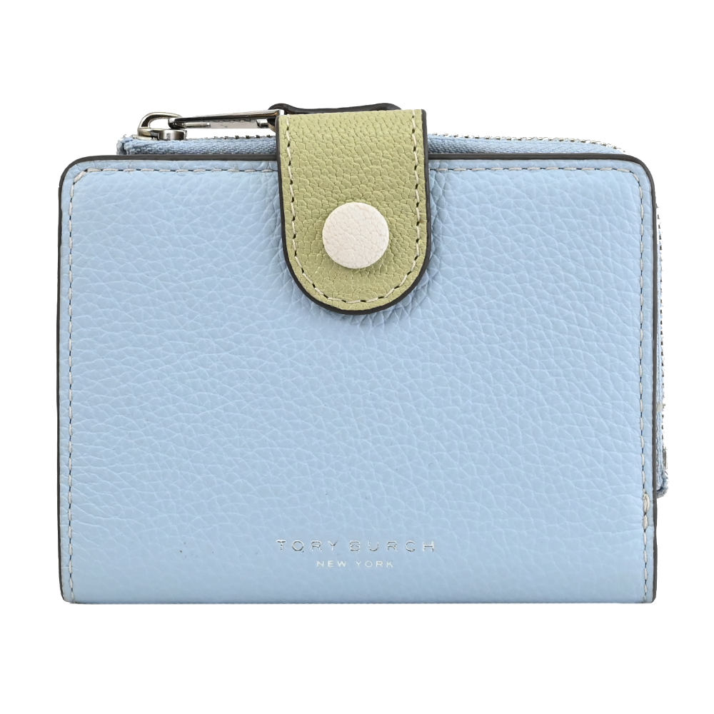 TORY BURCH 152910 燙銀LOGO扣式零錢短夾.淡藍