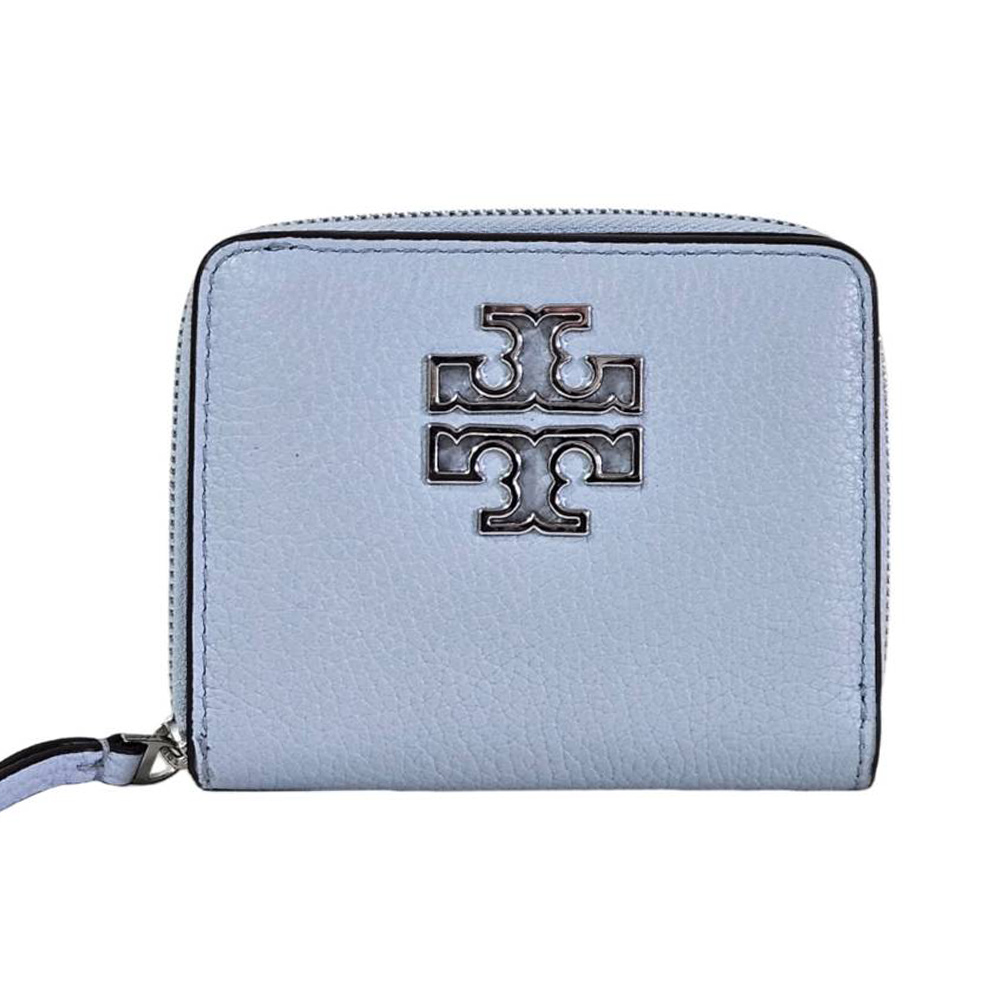 【TORY BURCH】TB Britten 簍空雙T LOGO荔枝紋拉鍊短夾(天空藍/贈原廠紙袋/雙11)