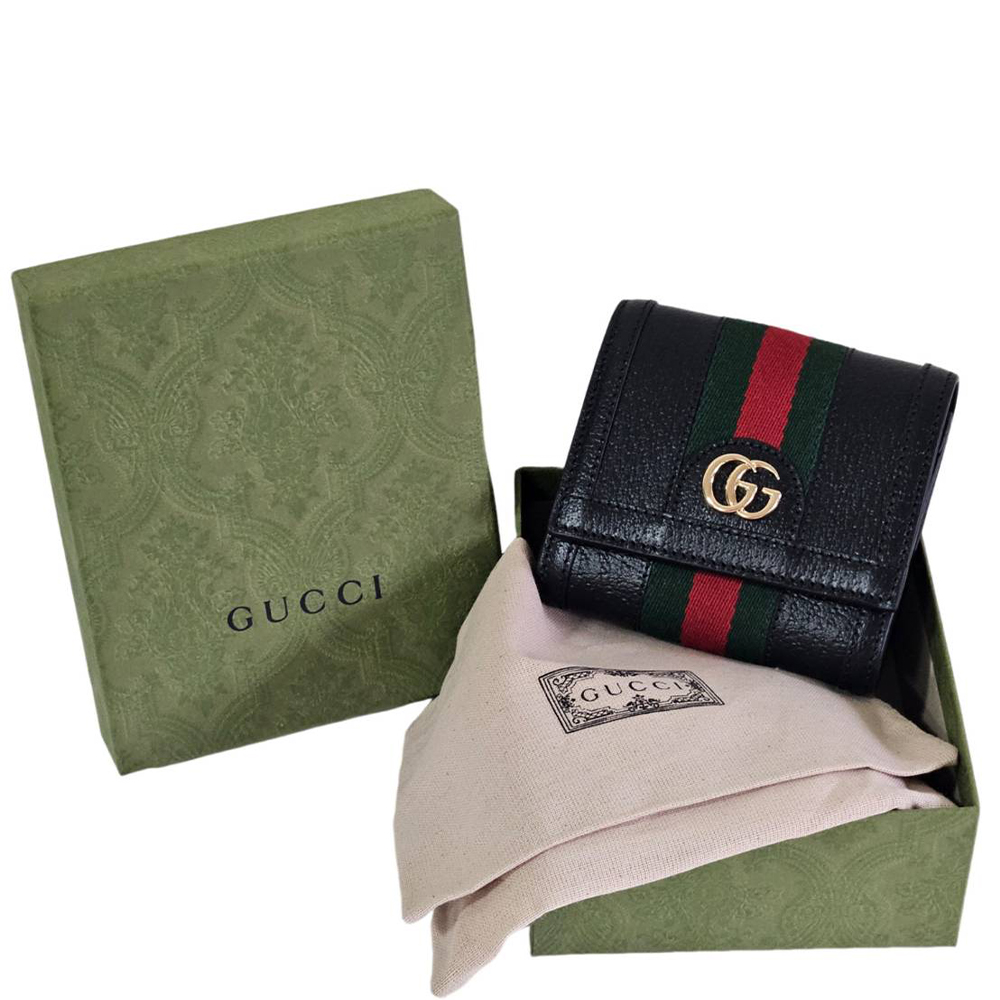 GUCCI 古馳 Ophidia GG經典織帶牛皮扣式零錢短夾.黑 贈原廠紙袋防塵袋紙盒