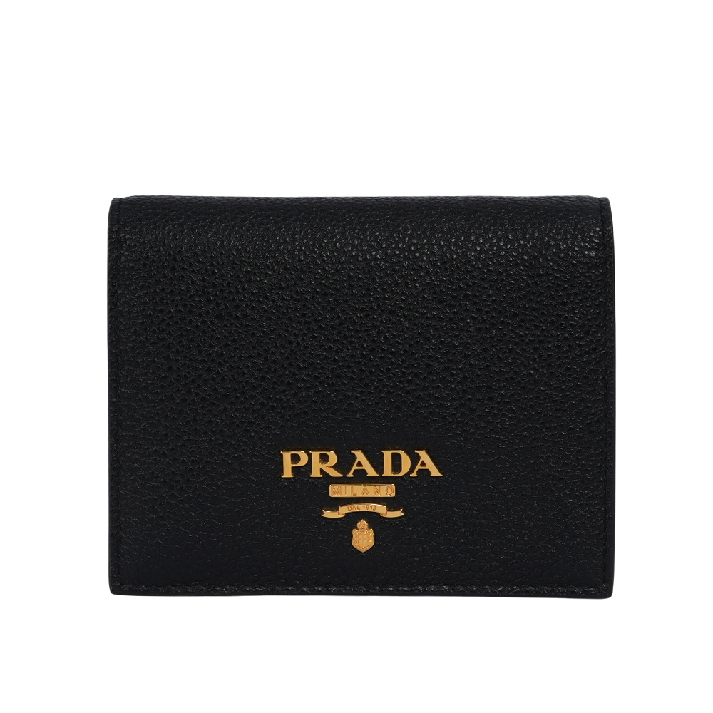 PRADA 浮雕Logo 荔枝皮革內拼色二折零錢袋短夾(黑色/藕粉色) 1MV204 2BG5 F0WCL
