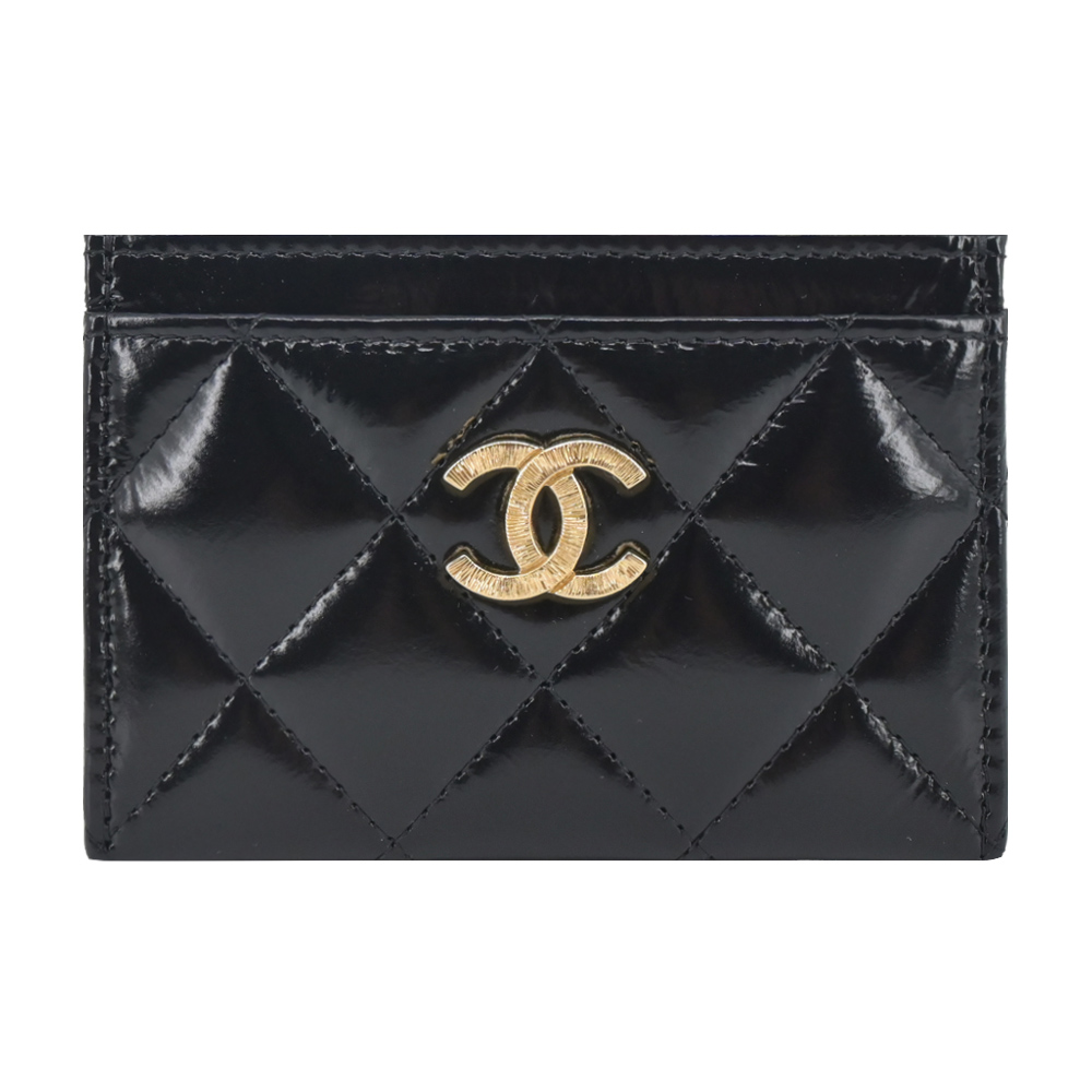 CHANEL 刻印雙C LOGO菱格紋小羊皮卡片夾(黑色)