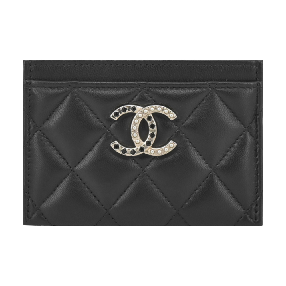 CHANEL 寶石珍珠雙C LOGO菱格紋小羊皮卡片夾(黑色)