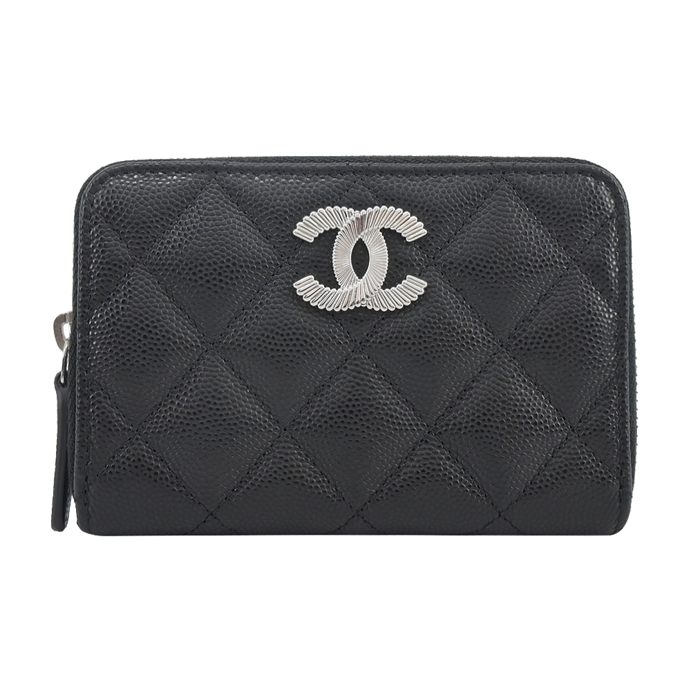 CHANEL 經典浮雕雙CLOGO菱格紋小牛皮零錢夾(黑色)