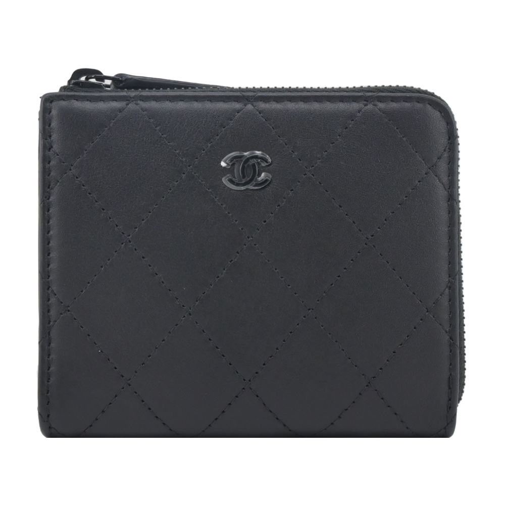 CHANEL 經典雙C LOGO 拉鍊L卡片零錢夾(黑色)