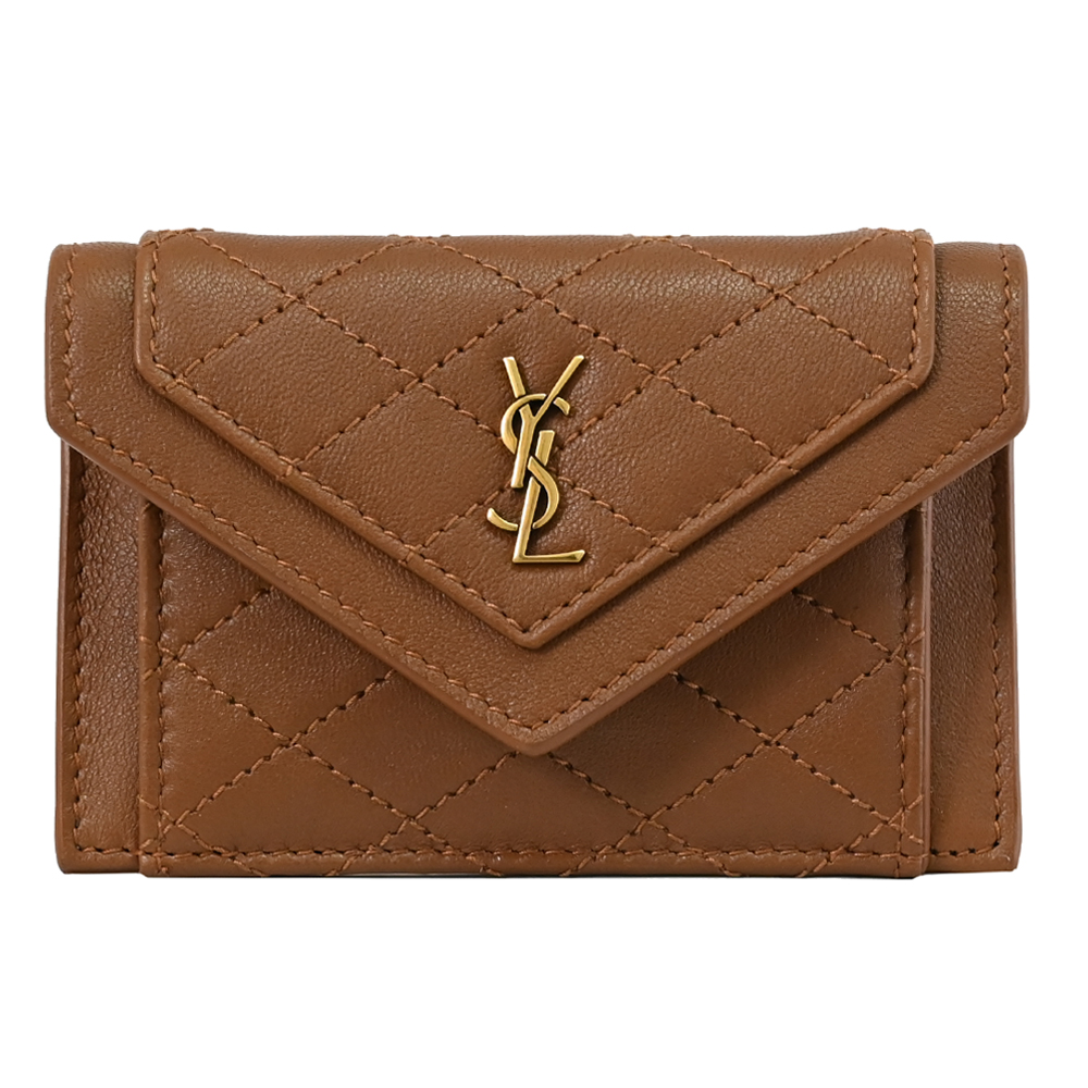 YSL 聖羅蘭 經典LOGO小牛皮扣式卡片零錢包.咖