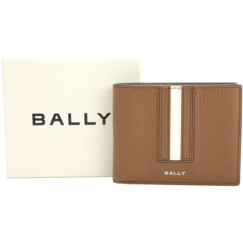 BALLY Ribbon 條紋拼接粒面牛皮4卡證件對折短夾(咖啡色)
