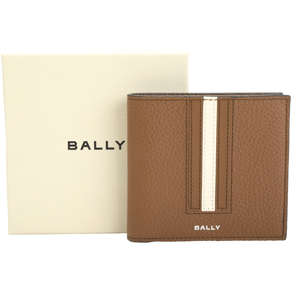 BALLY Ribbon 條紋拼接粒面牛皮8卡對折短夾(咖啡色)