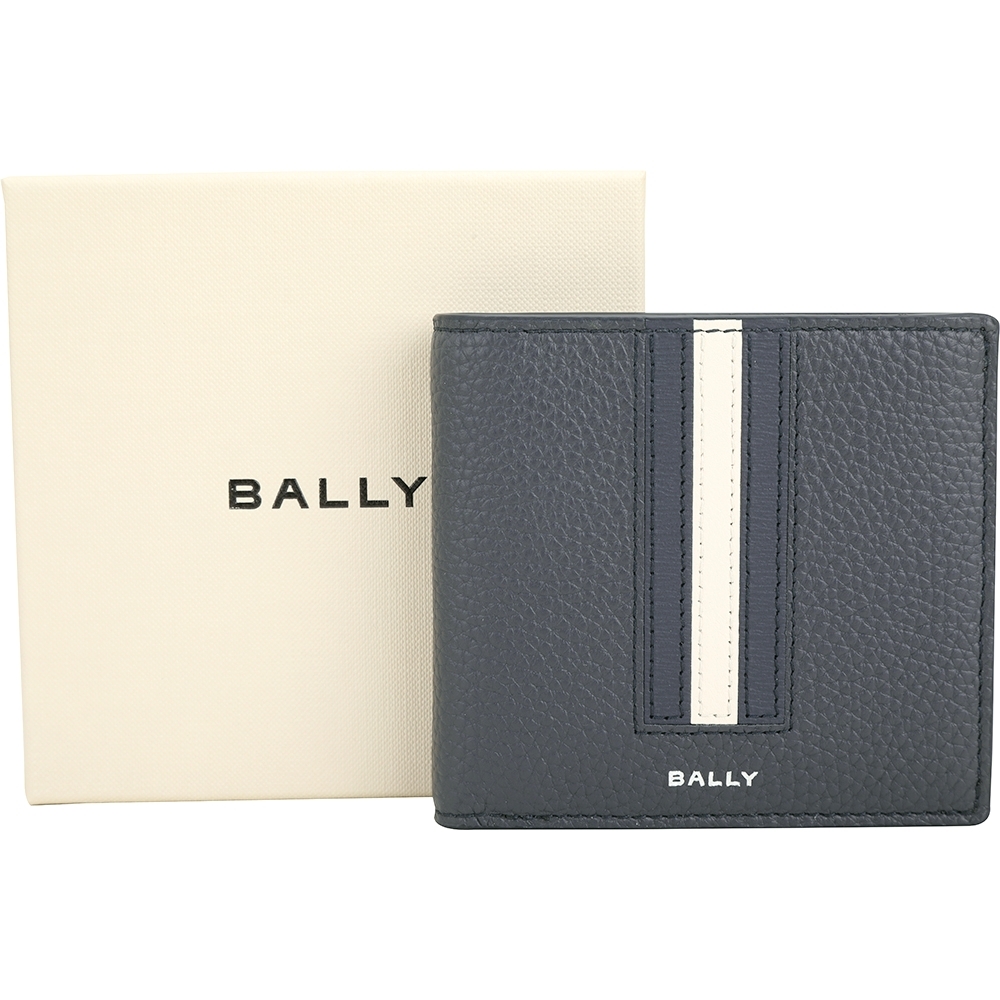 BALLY Ribbon 條紋拼接粒面牛皮8卡對折短夾(深藍色)