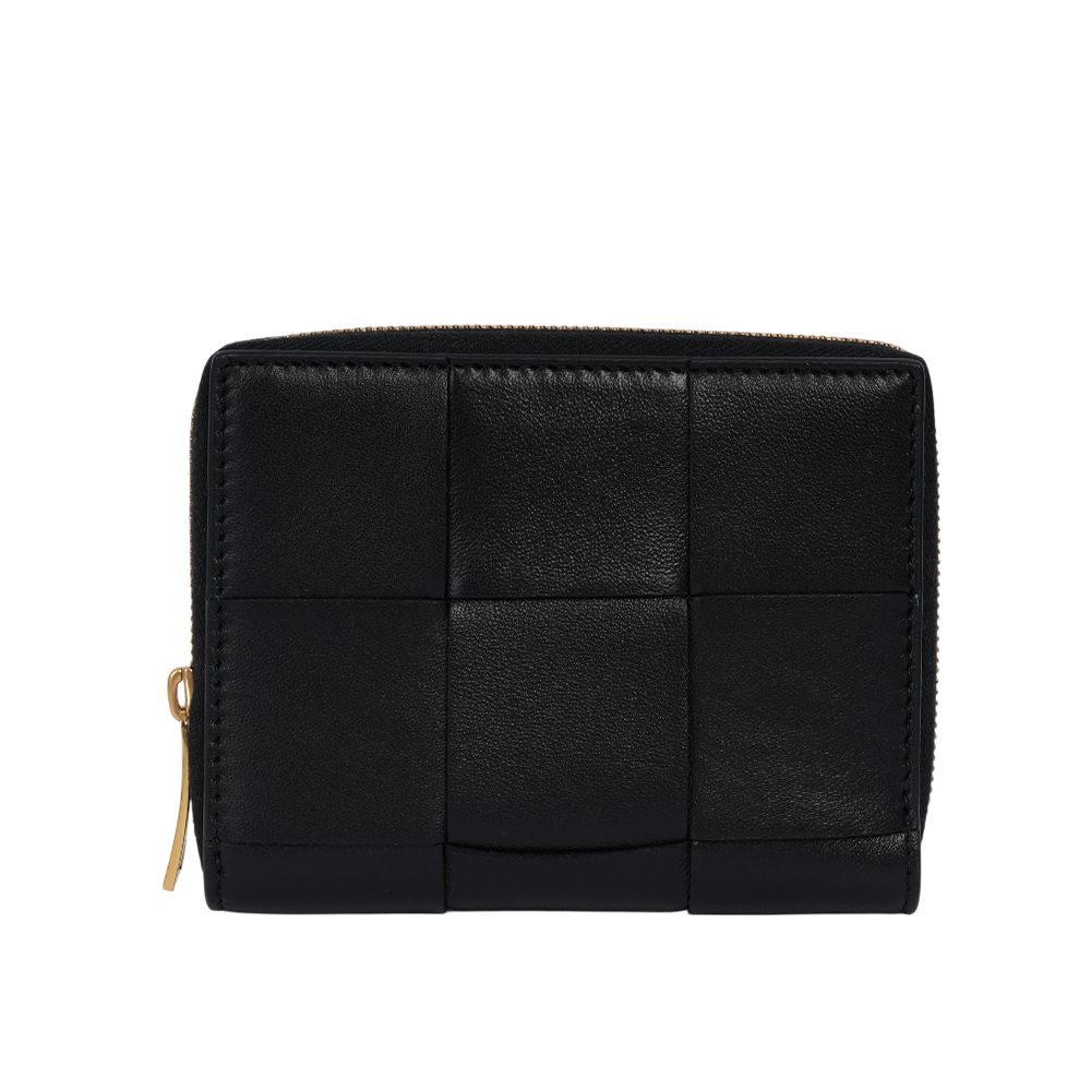 BOTTEGA VENETA 新款大格小羊皮及小牛皮編織拉鍊短夾(黑色) 681191 VCQC1 8425
