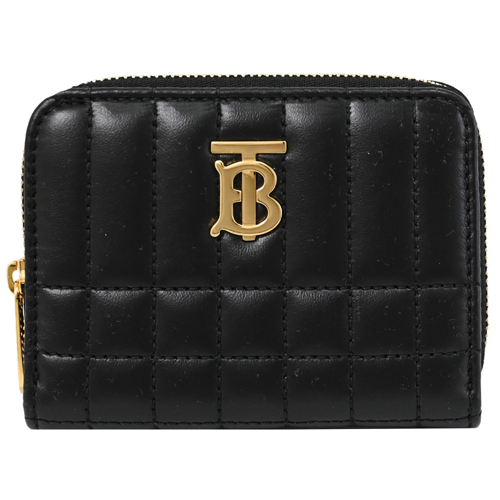 BURBERRY 8062373 LOLA 絎縫小羊皮拉鍊卡片零錢包.黑/金
