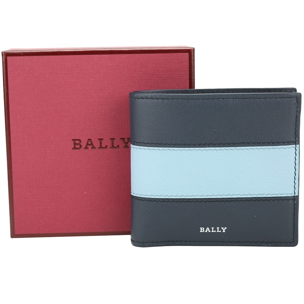 BALLY Brasai 撞色橫條紋牛皮對折8卡短夾(深藍色)
