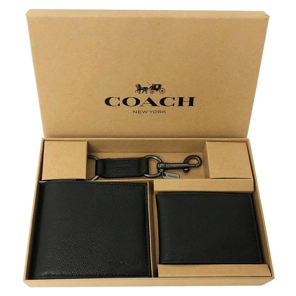 【COACH】男款8卡活動證件夾短夾附鑰匙圈禮盒(黑)