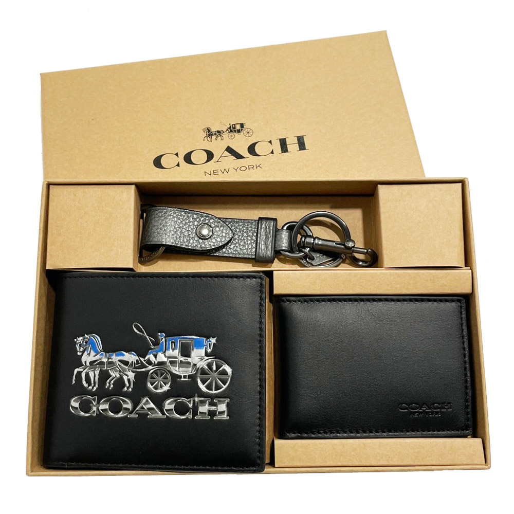 【COACH】大馬車LOGO男款8卡短夾附鑰匙圈活動證件夾禮盒(大馬車/黑)