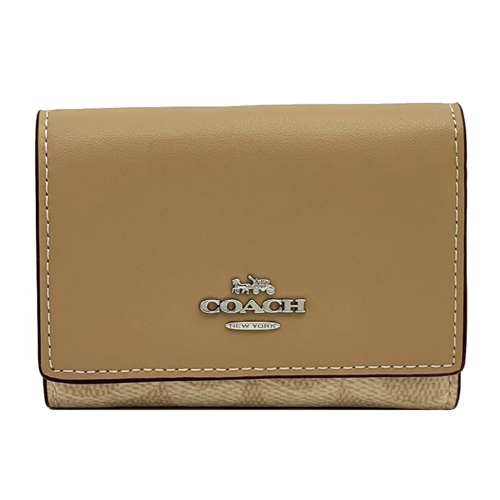 【COACH】C LOGO三折拉鍊零錢袋鈔票短夾(杏茶烤奶)