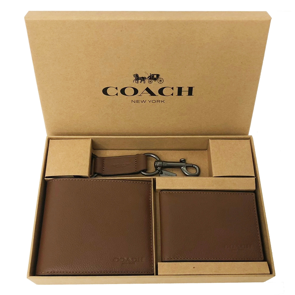 【COACH】男款8卡活動證件夾短夾附鑰匙圈禮盒(棕色)