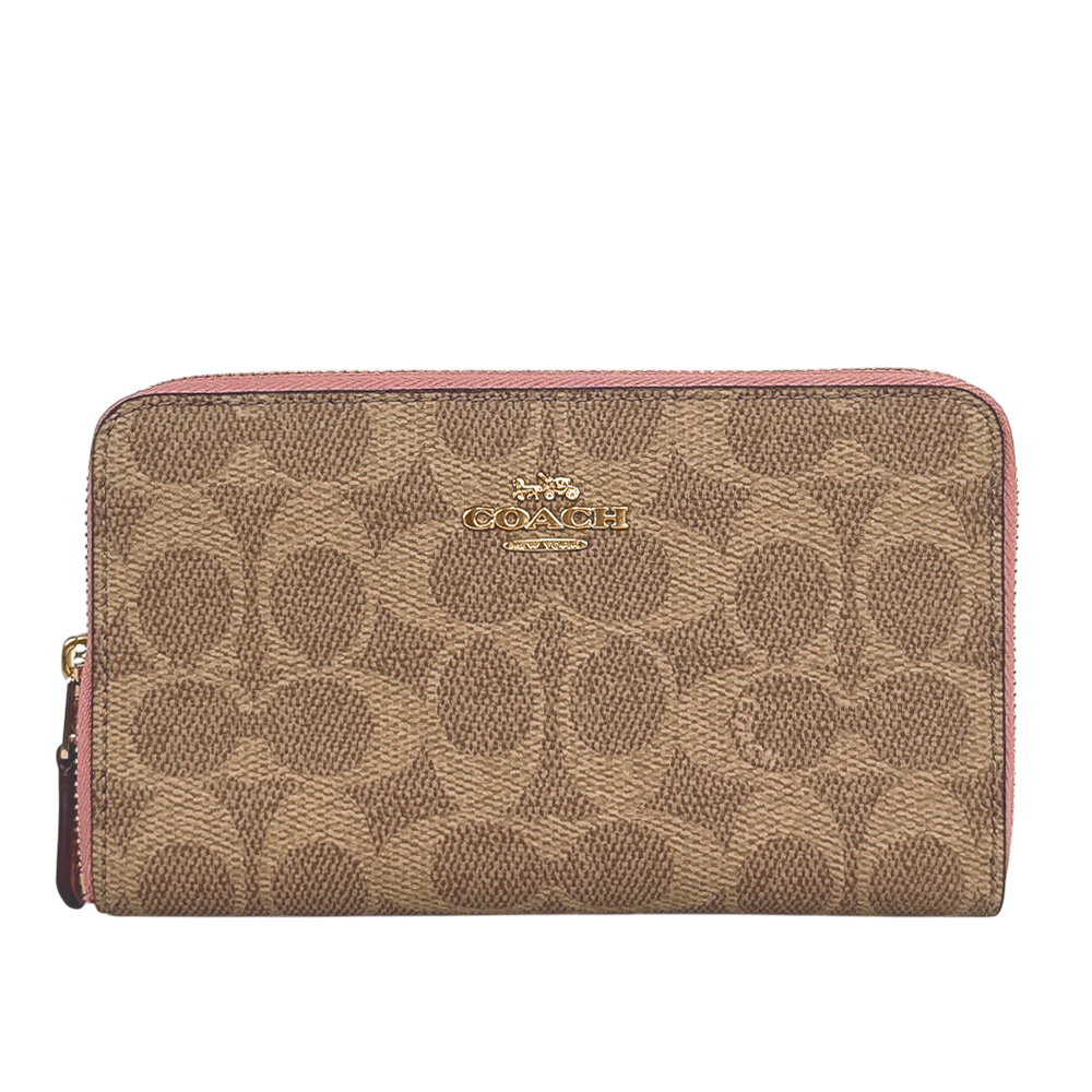 COACH 金字Logo 塗層帆布ㄇ形拉鍊中夾(棕褐色/花瓣粉) CW781 IMXB0