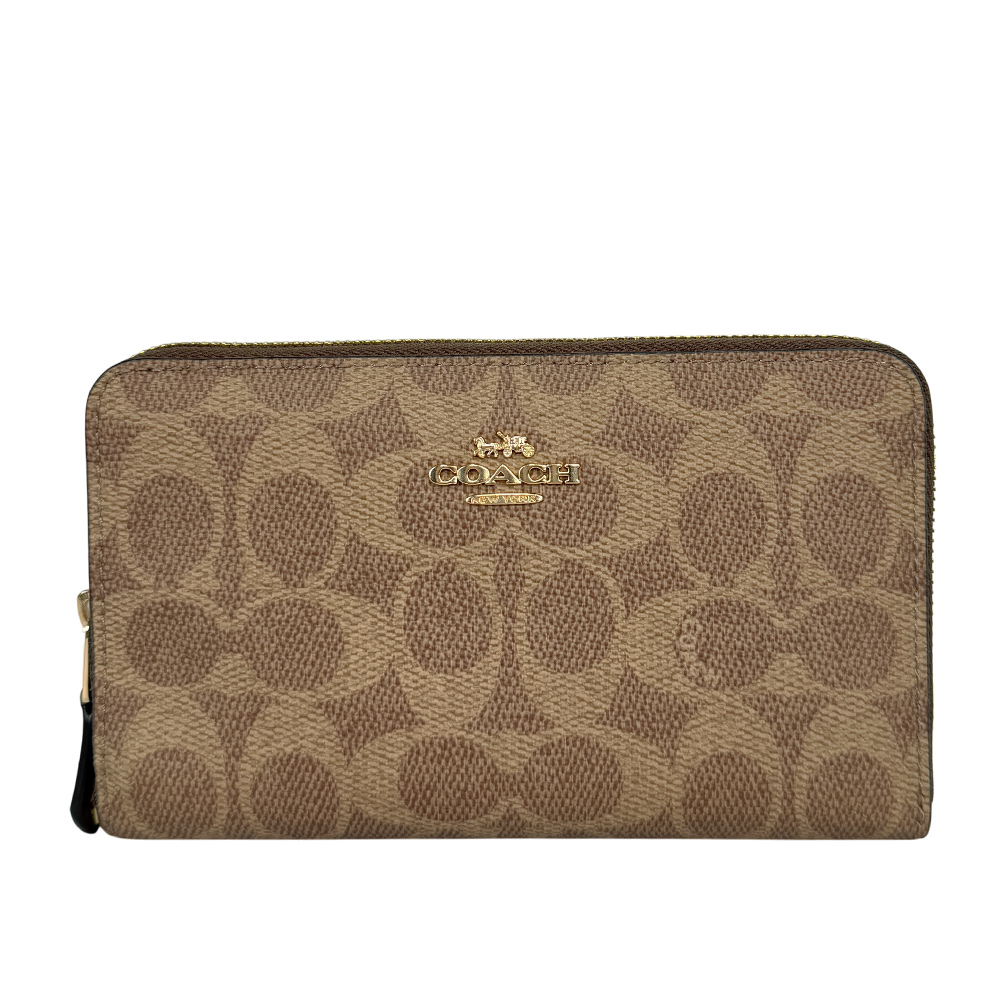 COACH 金字Logo 塗層帆布ㄇ形拉鍊中夾(棕褐色/棕色) CW781 IMXHE