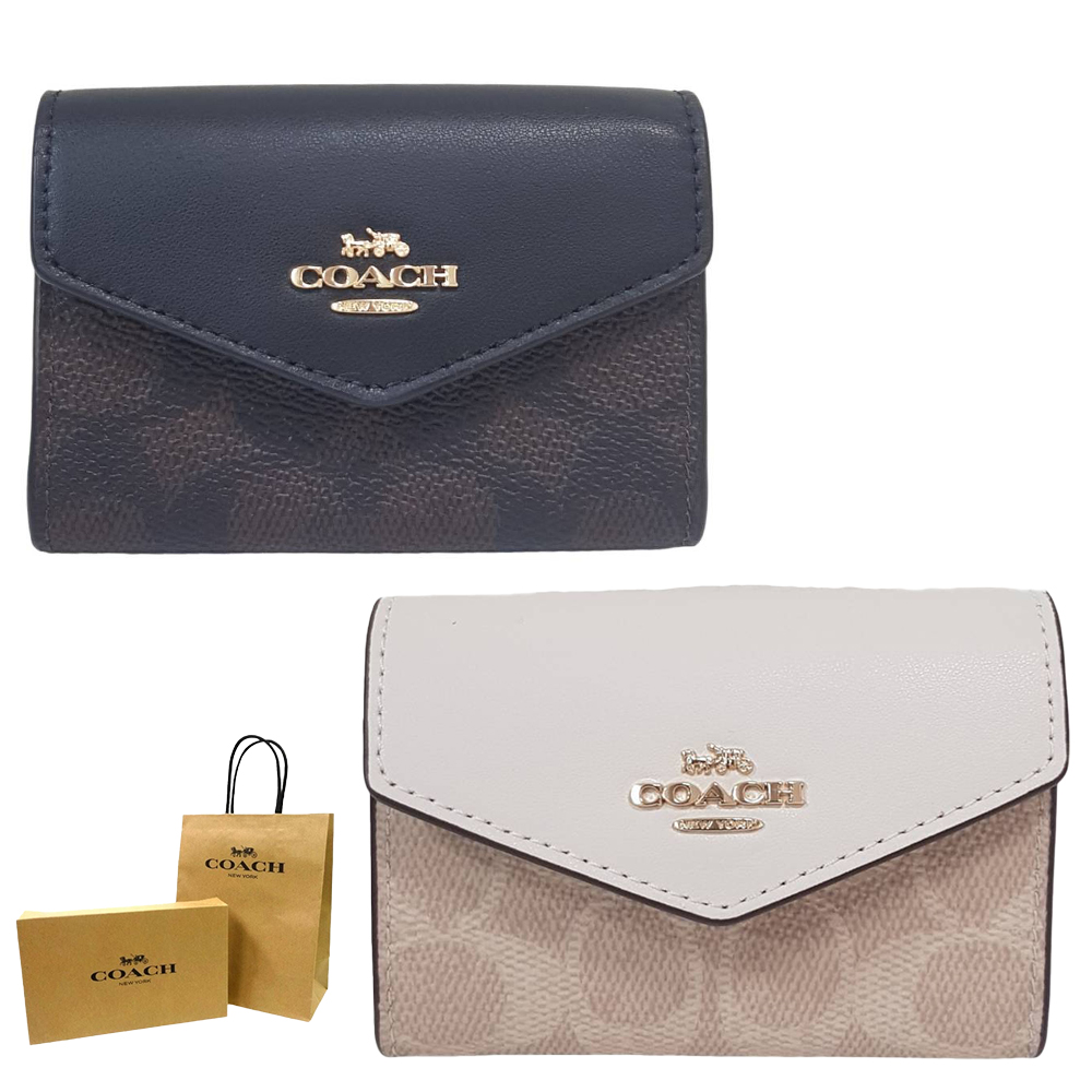 COACH 新款金屬LOGO皮革信封式卡夾 零錢鑰匙包 黑色拚深咖啡/米白拚奶茶(贈原廠紙袋紙盒)