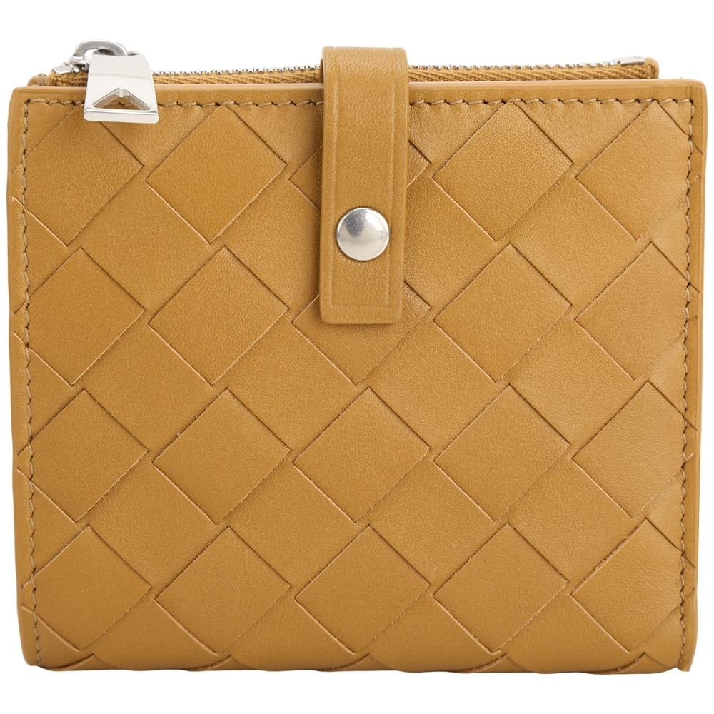 BOTTEGA VENETA 寶緹嘉 Intrecciato 小羊皮編織6卡細帶扣式短夾(棕色)
