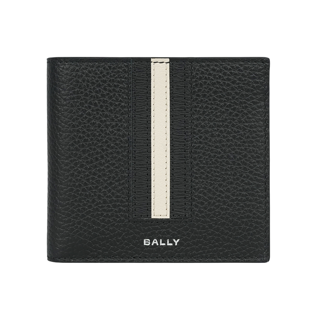 BALLY Ribbon 黑白條紋牛皮對開8卡短夾(黑色)