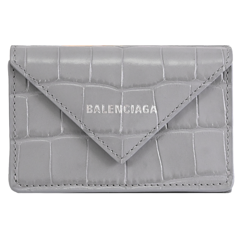 BALENCIAGA 巴黎世家 391446 Papier 鱷魚壓紋牛皮三折小短夾.灰