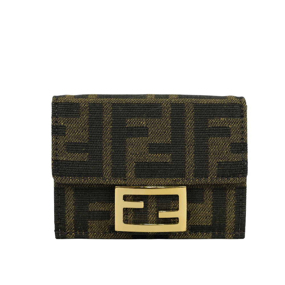FENDI Baguette FF Logo 緹花布三折短夾(棕色)(Micro) 8M0395 A98P F0A6E