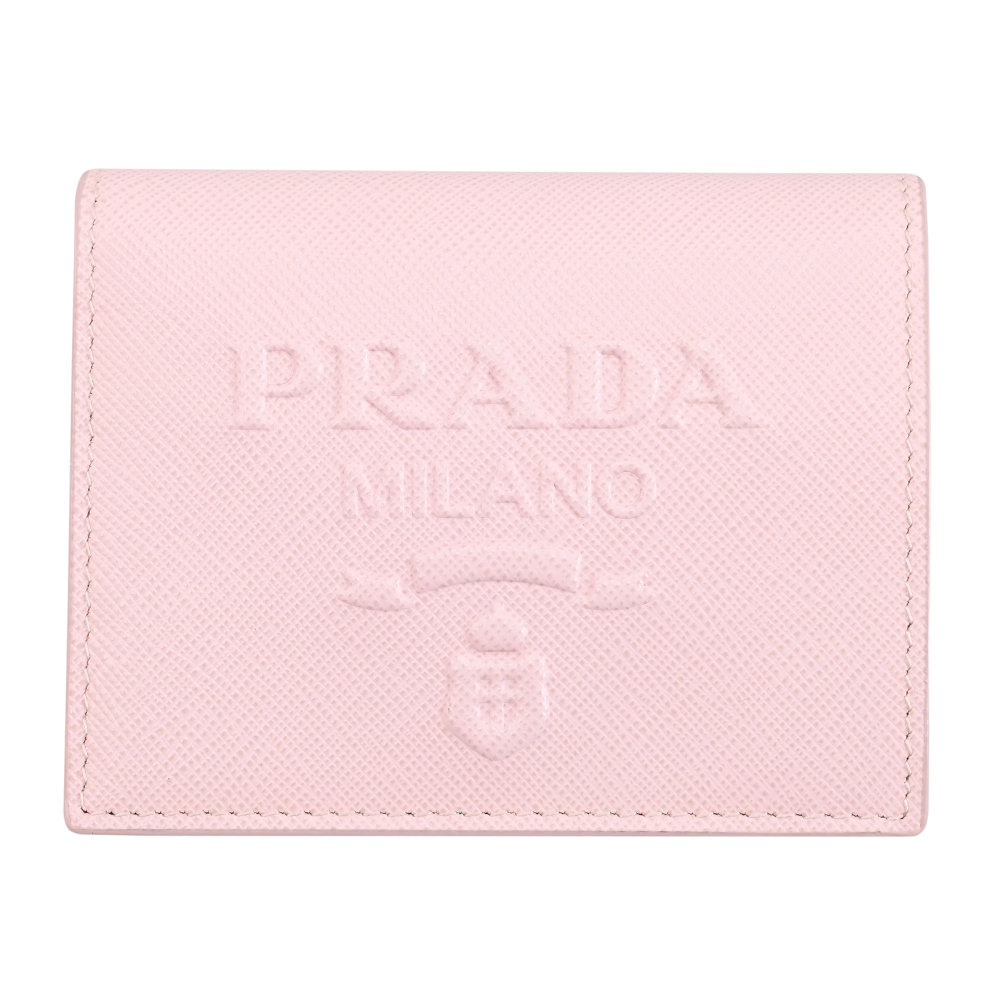 PRADA 1MV204 浮雕LOGO防刮對開零錢短夾.淺粉
