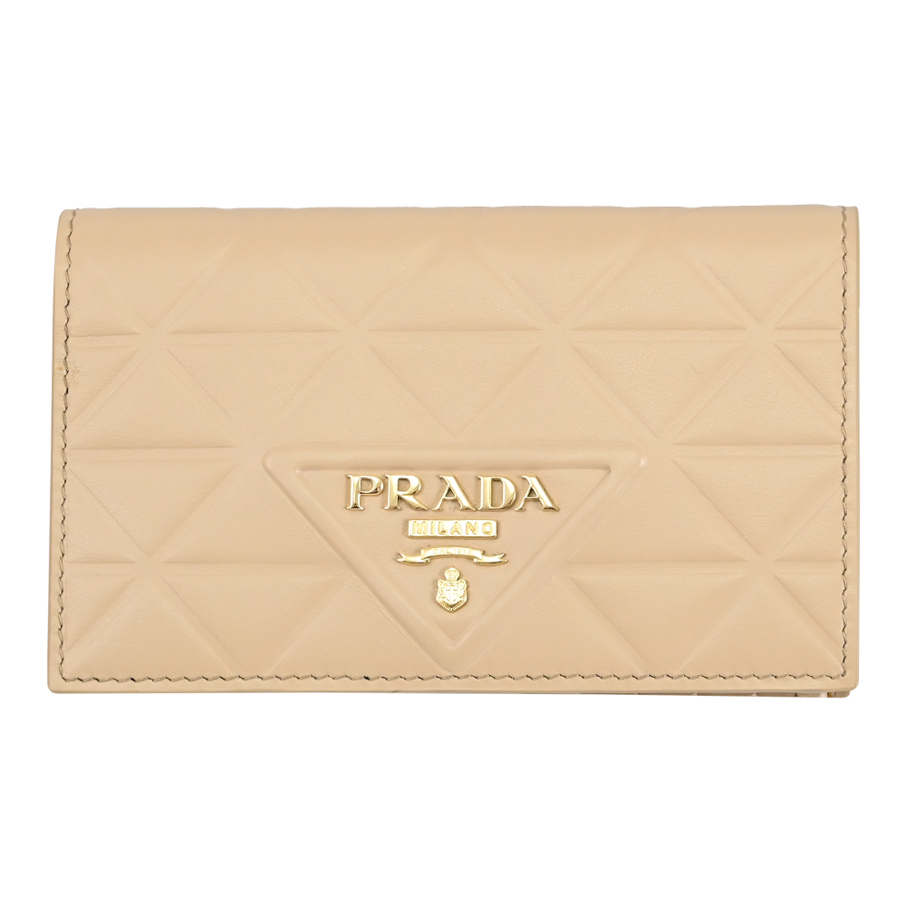 PRADA 普拉達 浮雕LOGO三角壓紋對開多卡中夾.沙色
