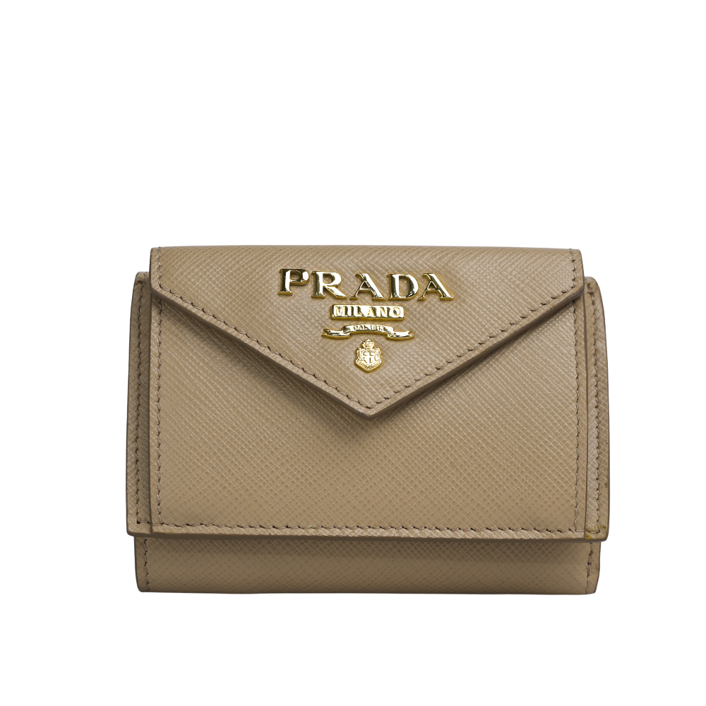 PRADA 浮雕Logo防刮皮革信封造型迷你三折短夾(藕粉色) 1MH021 QWA F0236