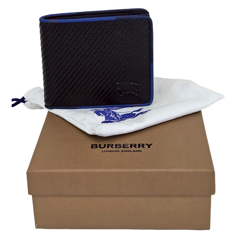 BURBERRY 巴寶莉 典藏馬術騎士LOGO斜刻紋小牛皮對折8卡短夾 黑/藍邊 贈原廠紙盒防塵袋